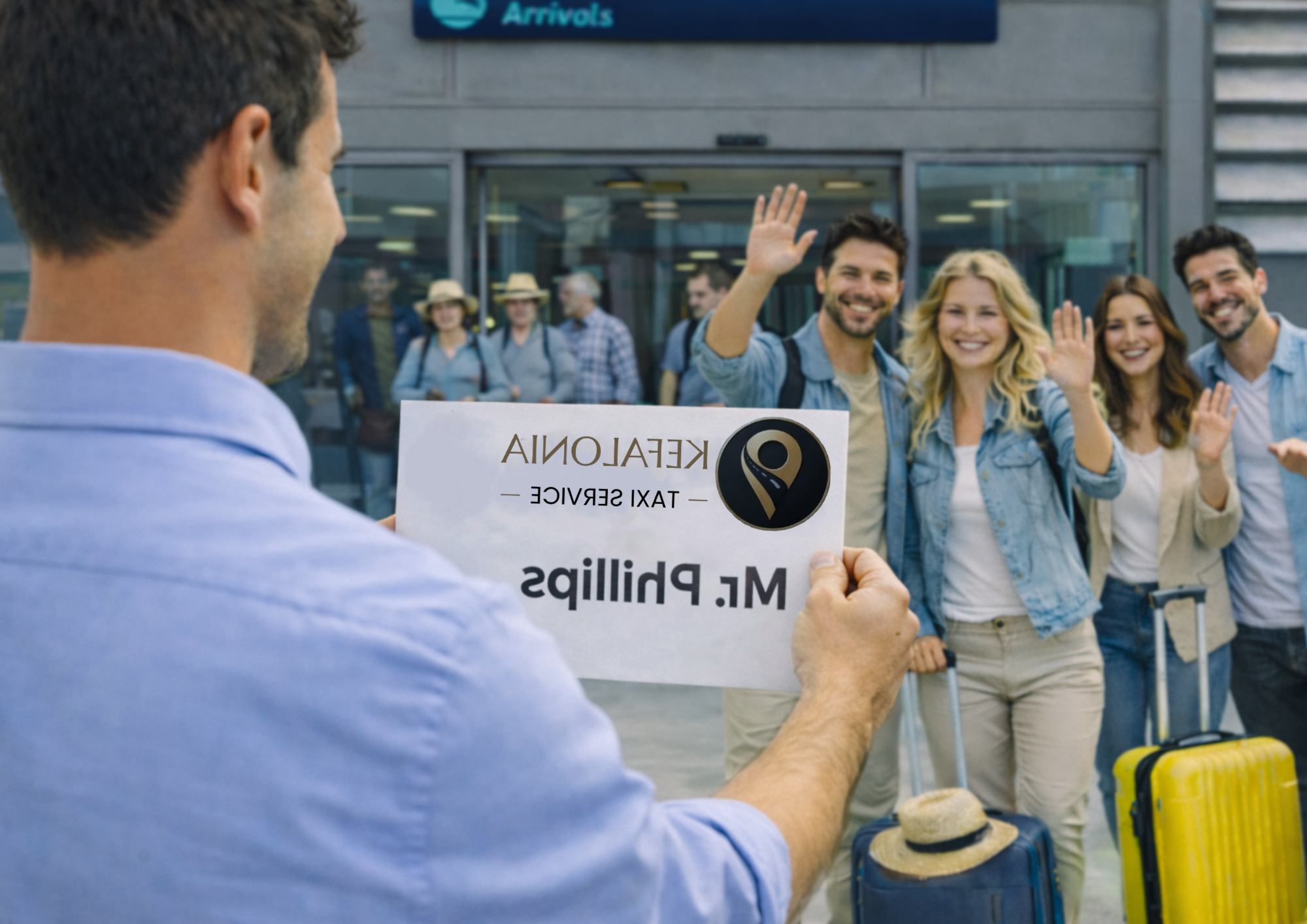 Airport Transfers in Kefalonia- driver welcomes a group at Kefalonia aiport